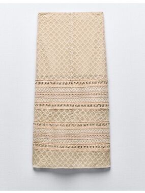 Zara Crocheted Lace Midi Skirt with bead detailing in Ecru New Without Tags